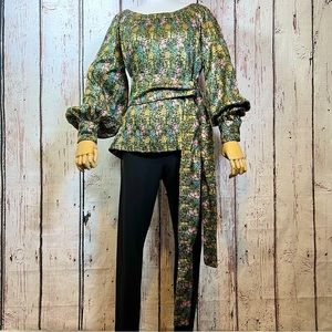 🎉HP🎉 Vintage Metallic Brocade Floral Embroidered Botanical Top Blouse w/ Sash